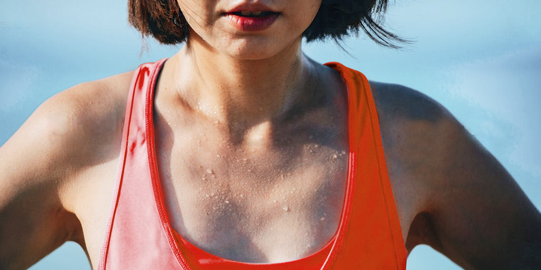 A woman is sweating.